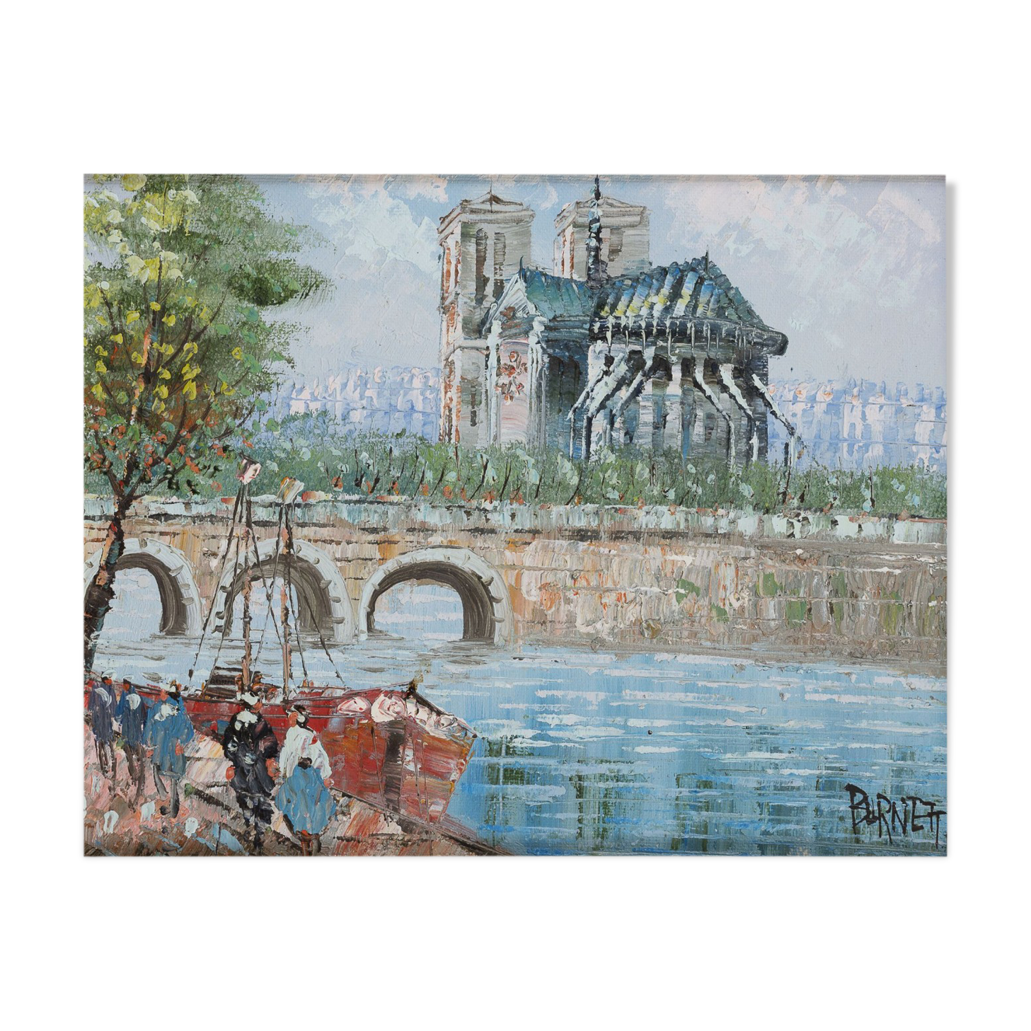 Notre Dame seen from the wharf by Burnett Oil on canvas cardboard