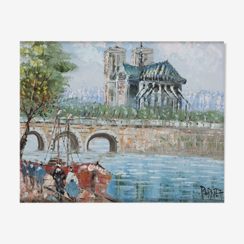 Notre Dame seen from the wharf by Burnett Oil on canvas cardboard