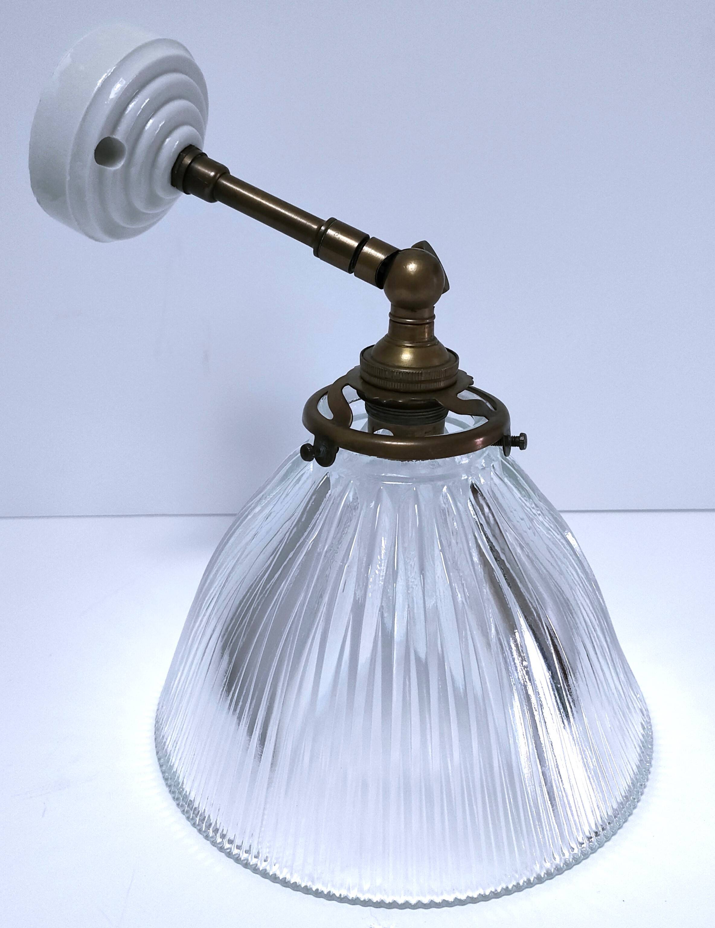 Articulated wall light glass Holophane brass porcelain