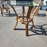 Vintage rattan and glass set - round table + 4 chairs