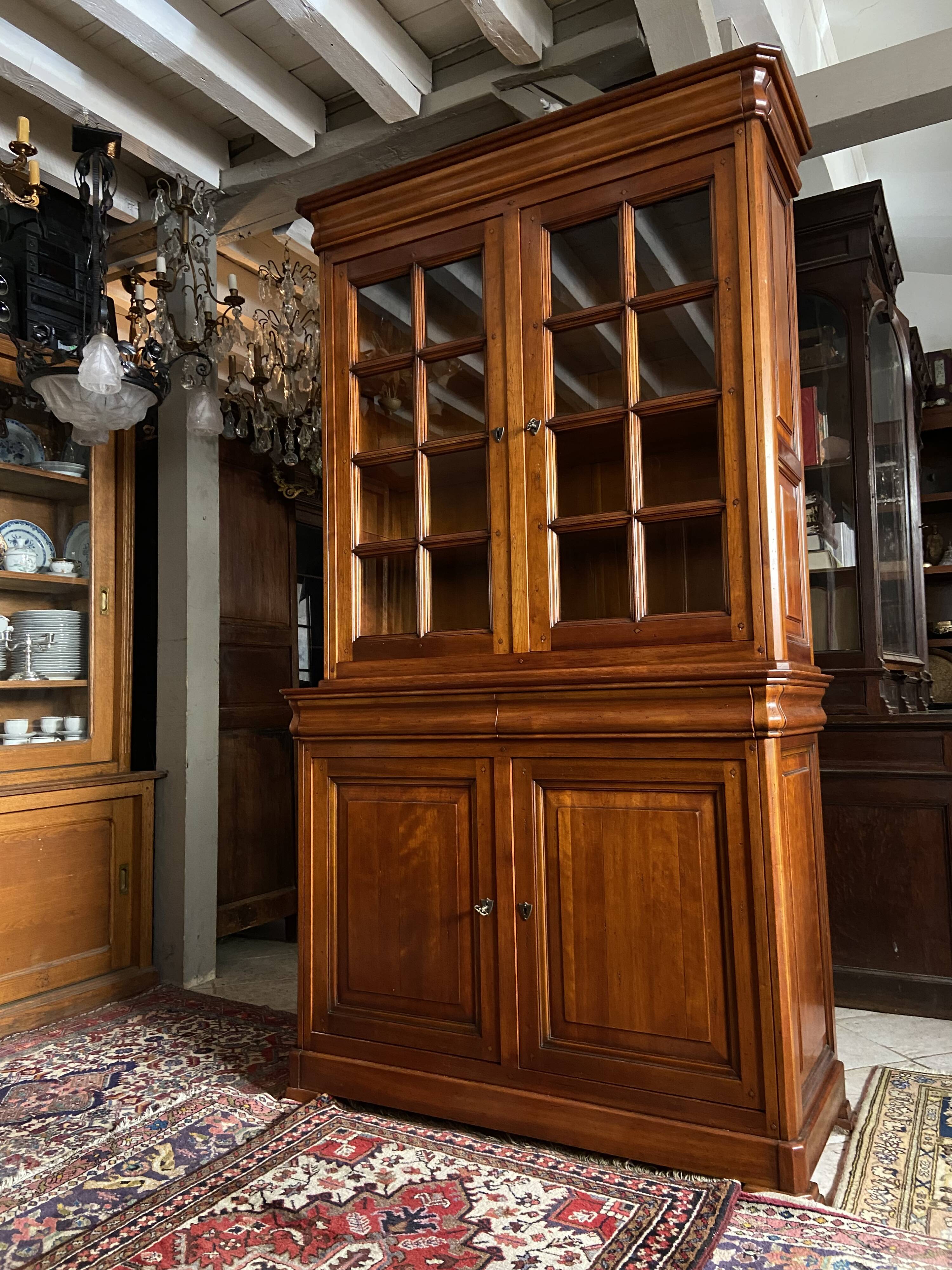 Library buffet two-body display cabinet solid cherry Louis-Philippe