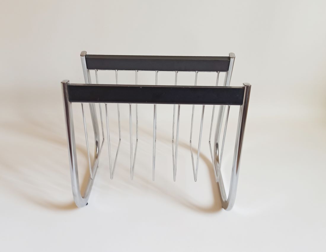 Magazine holder chrome metal and wood 70s