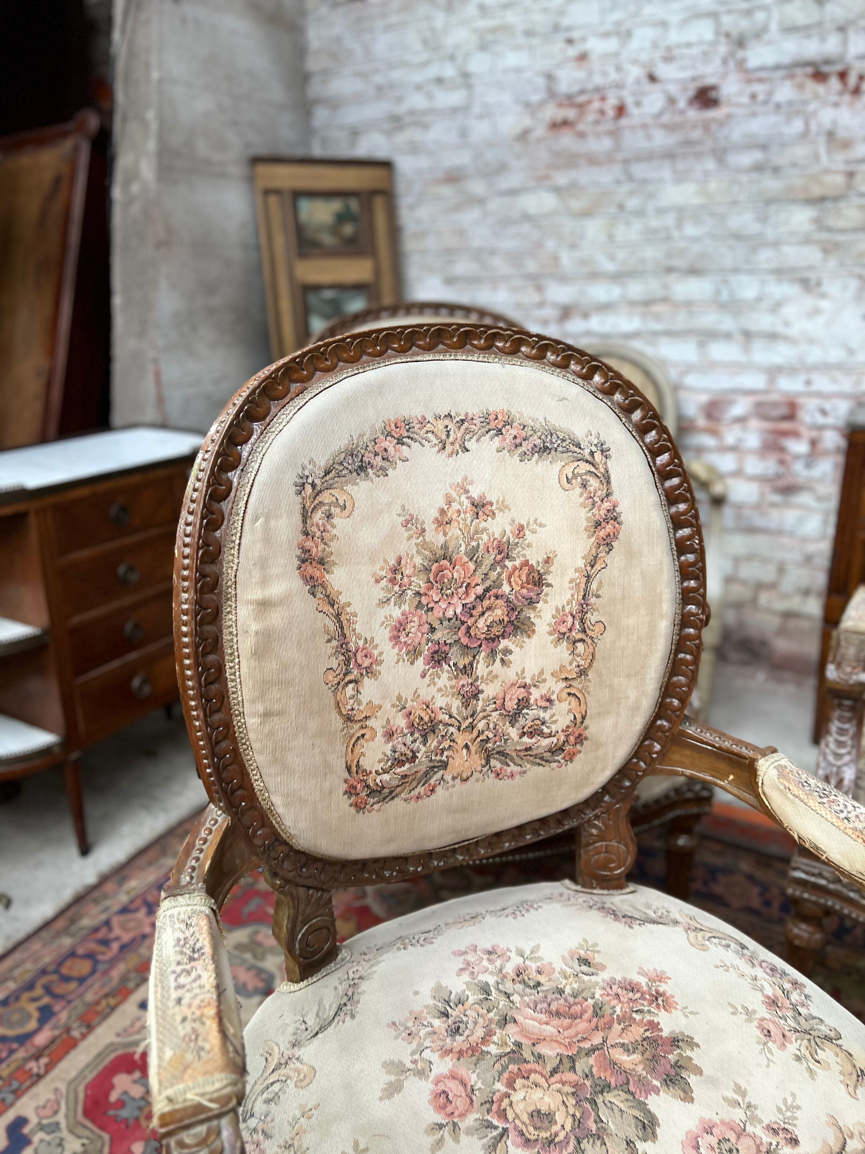 Suite of Five Armchairs with Back Medallion Louis XVI Style