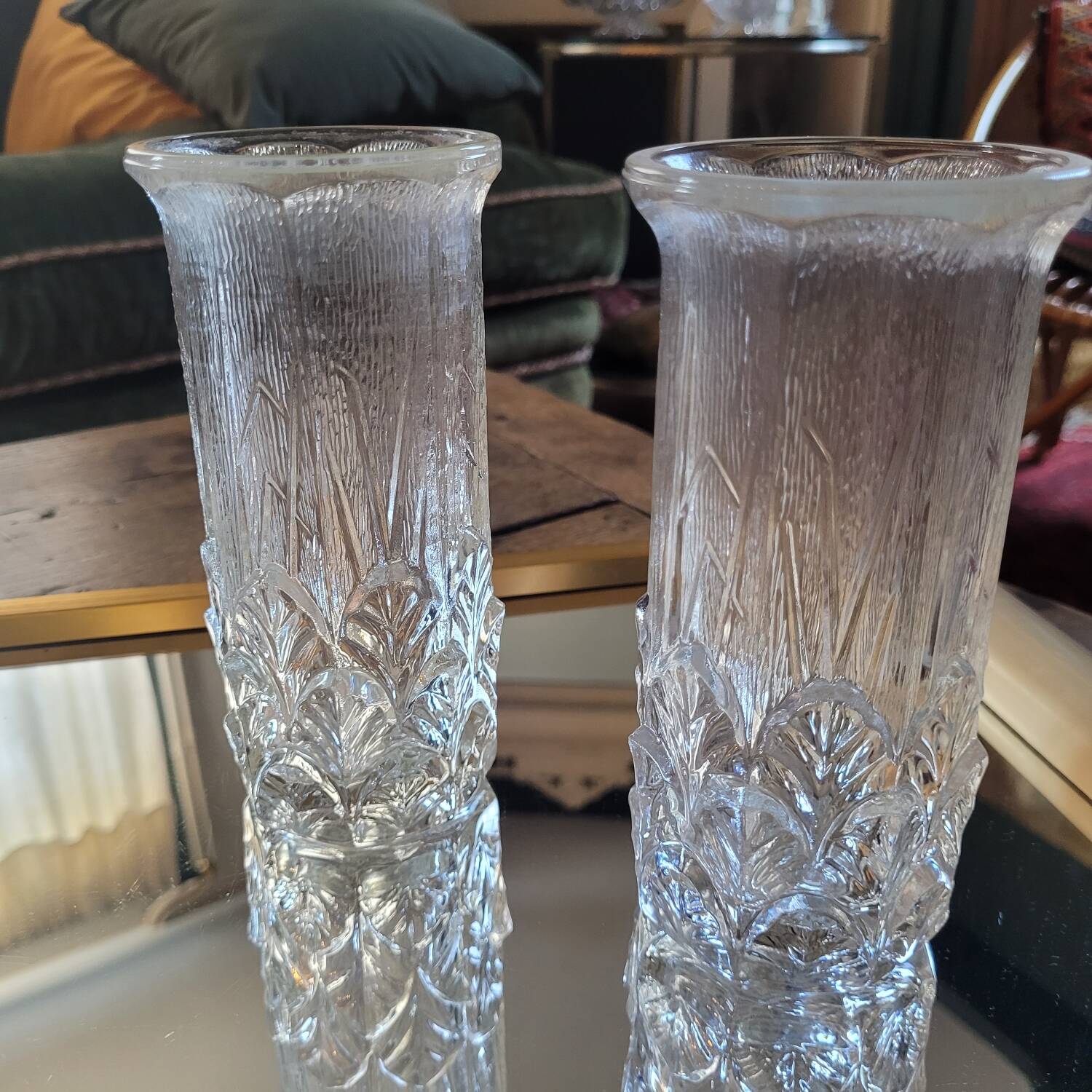 Pair of thick pressed glass art deco vases