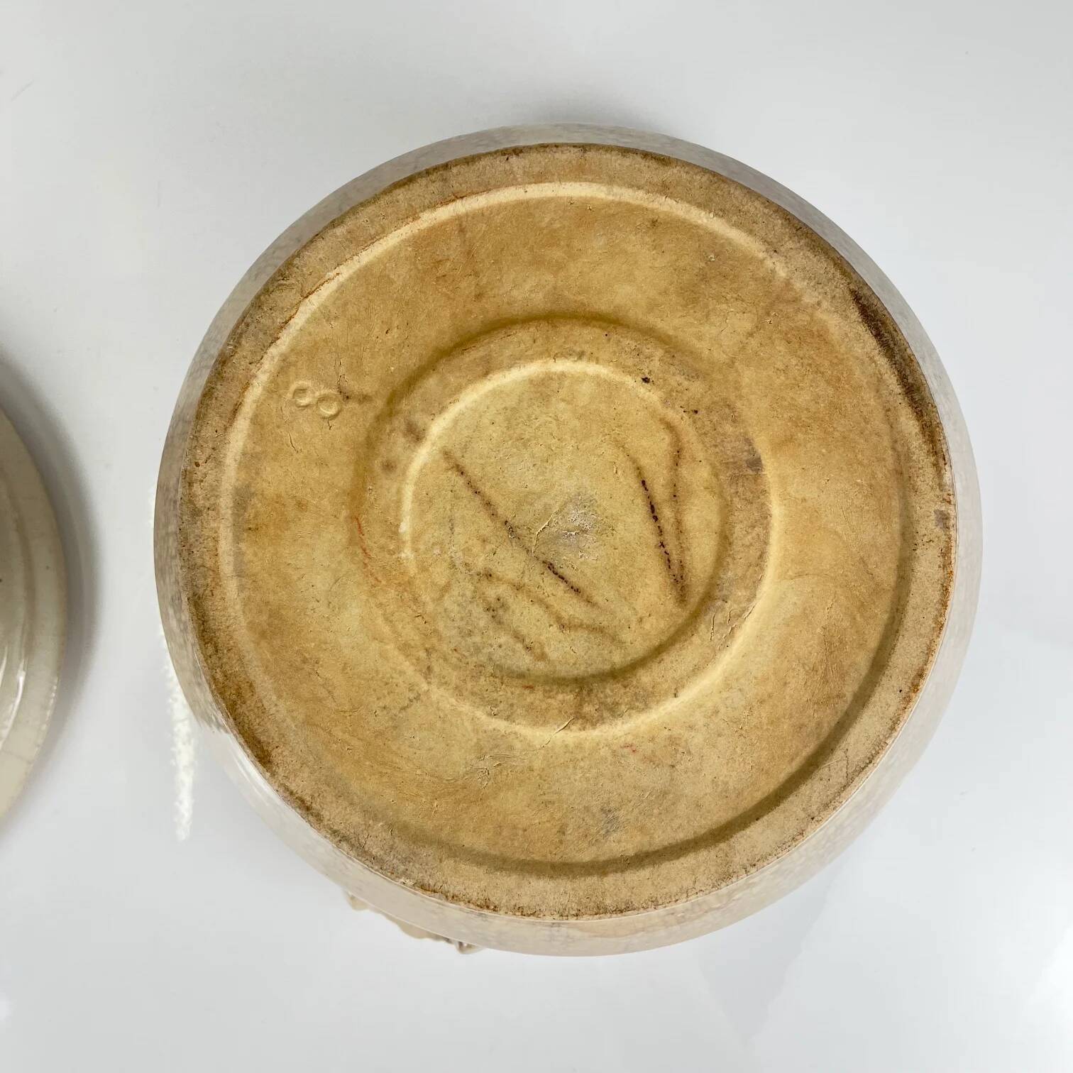Old stoneware hot water bottle / casserole from Saint Uze, blue decoration, early 20th century.