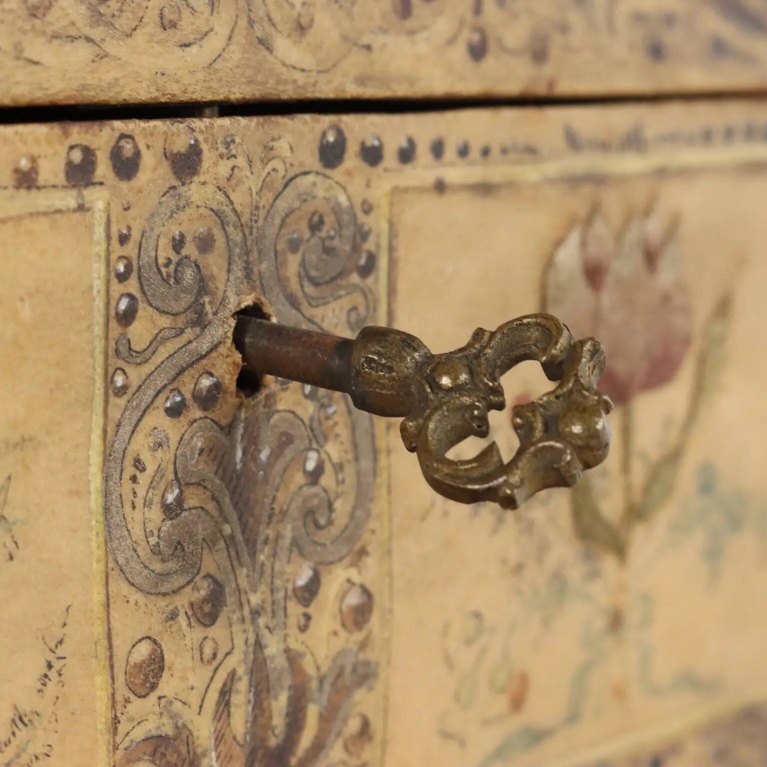 Antique wooden box covered with painted parchment, Italy, 19th-20th century.
