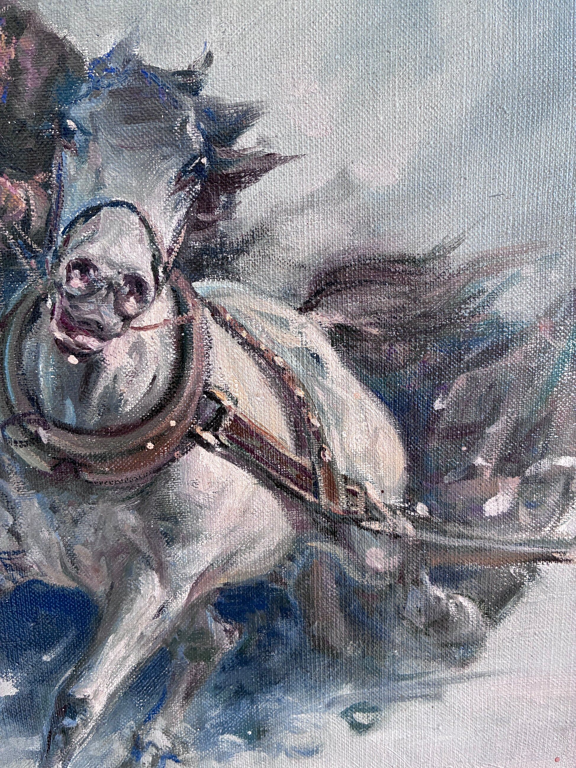 Peinture à l'huile vintage originale de cheval, grande œuvre d'art équestre signée pour mur.