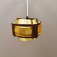 Danish hanging lamp, made in brass colored and brown metal, with yellowish hard pressed plastic deta