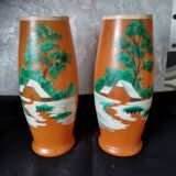 Ancien : paires de vase en verre pâte de verre orange peint