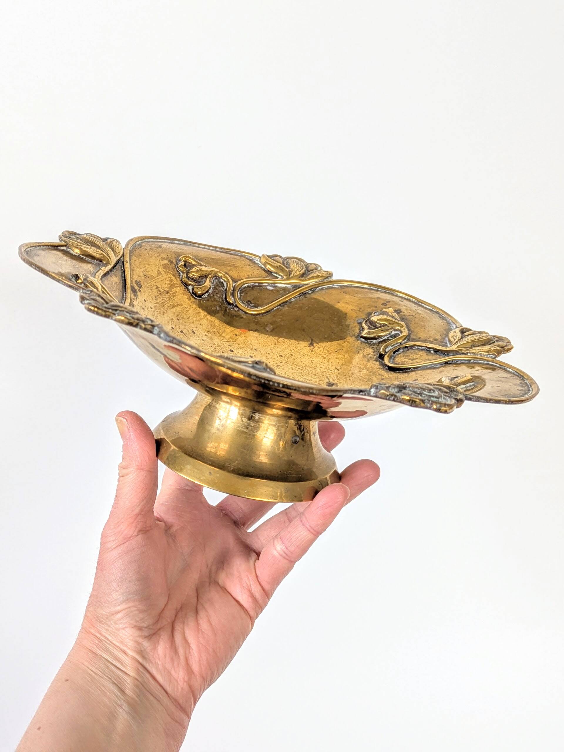 Brass Footed Bowl | Antique Art Nouveau Floral Motif