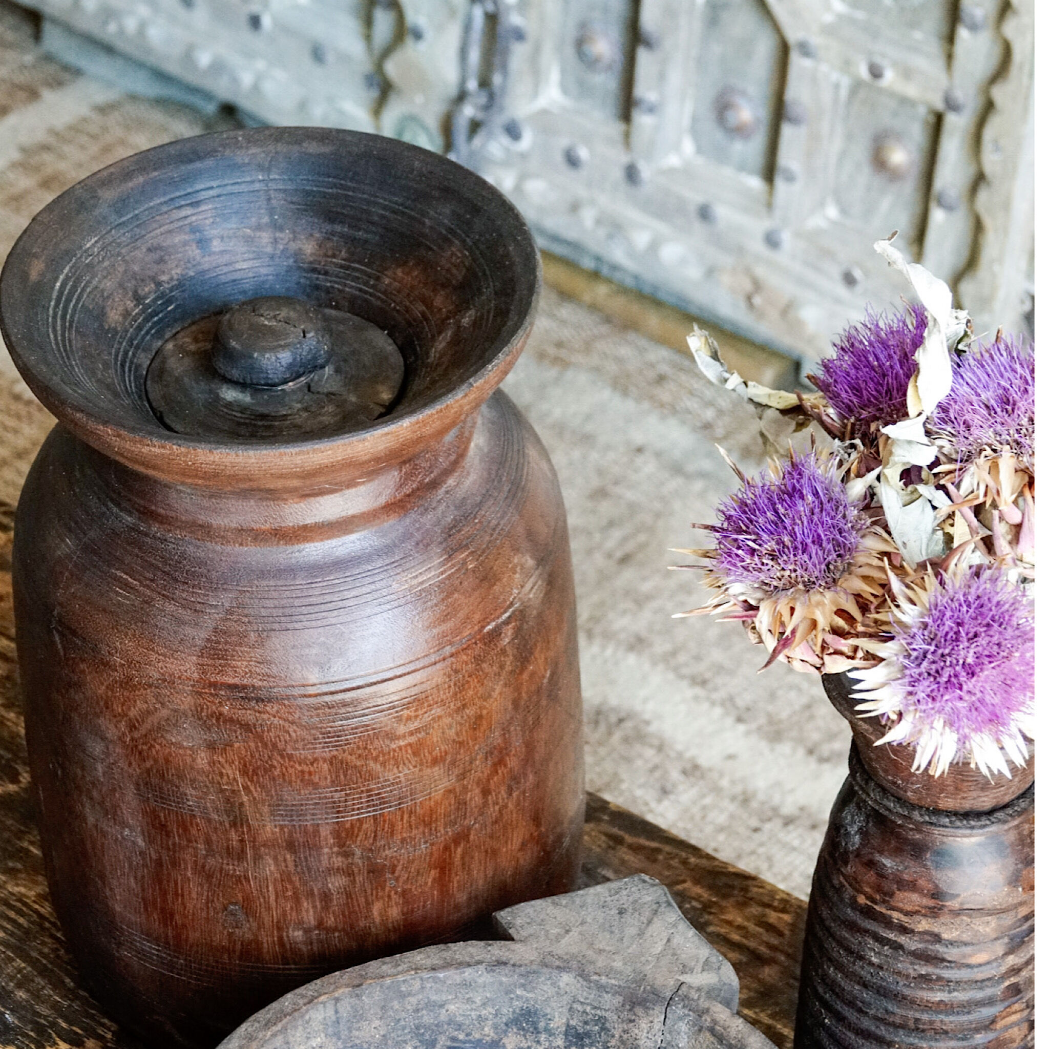 Large wooden Himachal pot n°2 (with lid)