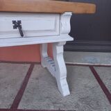 Patinated linen coffee table with raw top