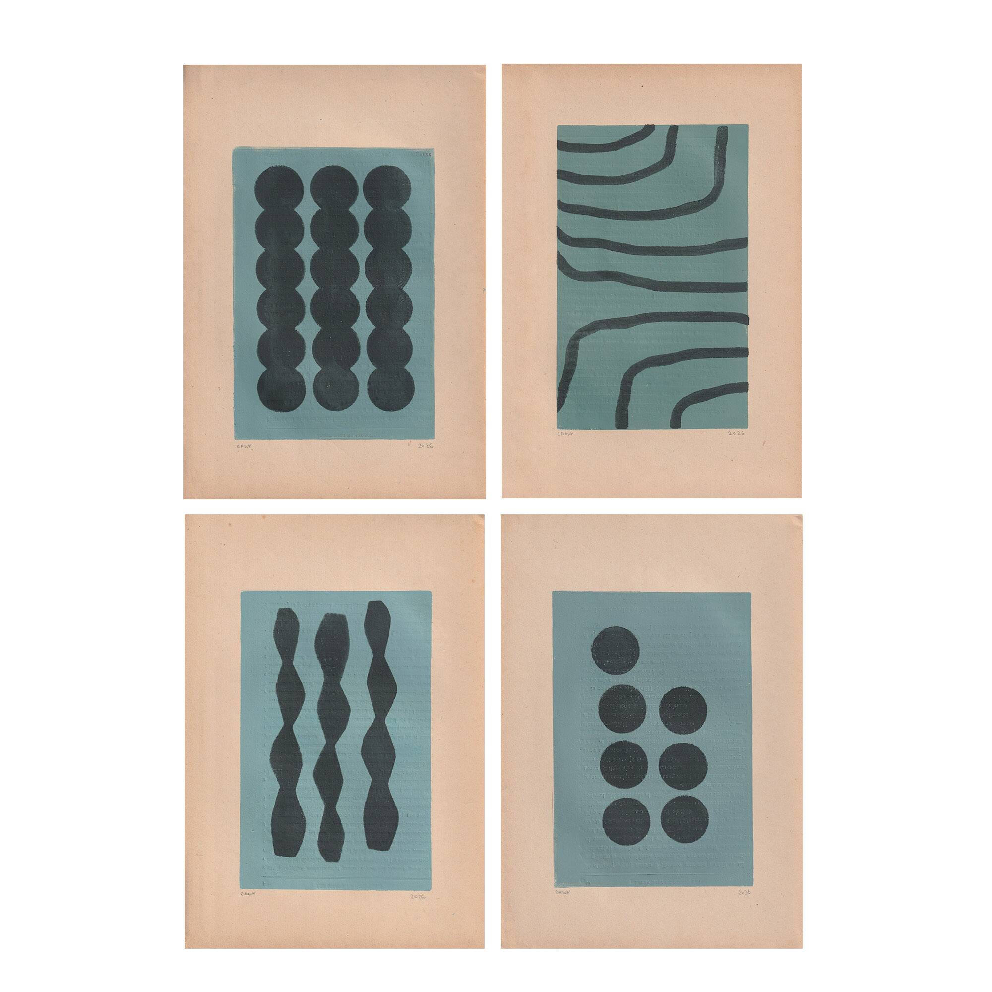 Collection of 4 abstract paintings on old paper signed Eawy.