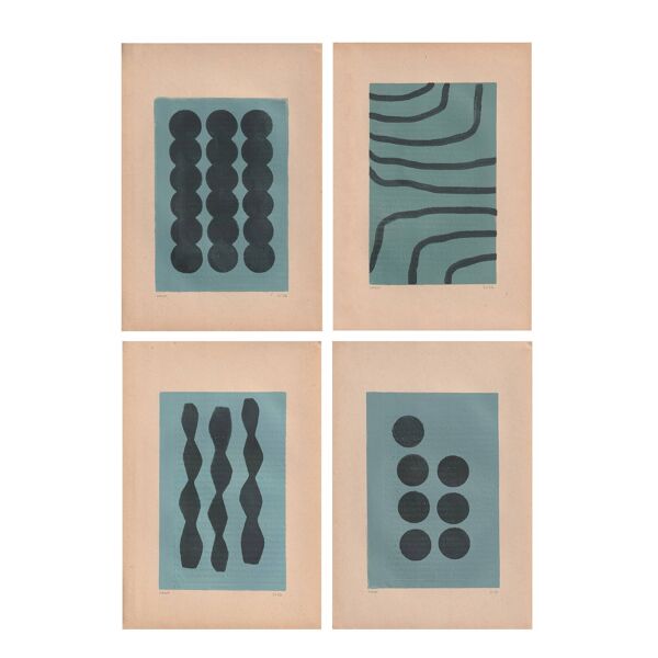 Collection de 4 peintures abstraites sur papier ancien signées Eawy