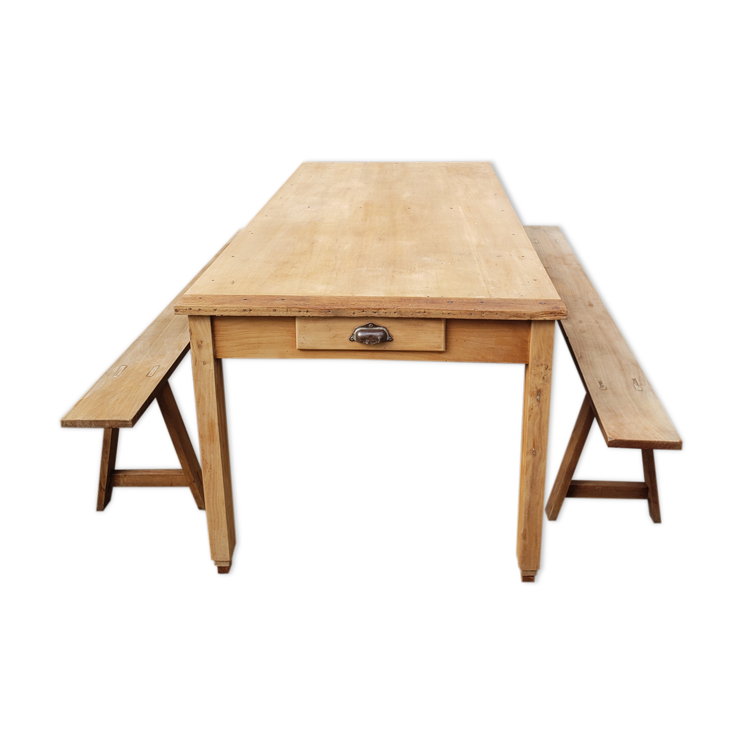 Farm table with pair of benches