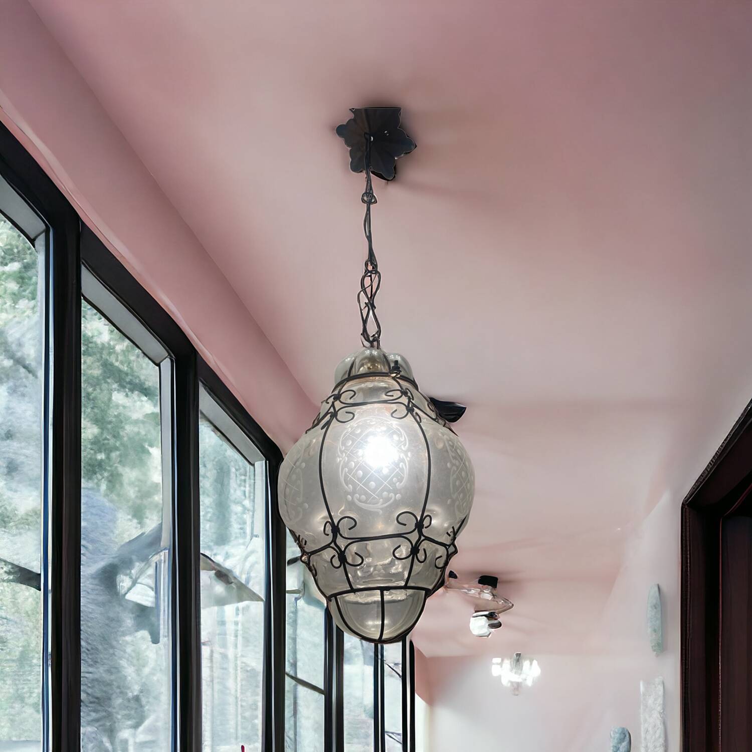 Wrought Iron Murano Glass Light Pendant 1950’s