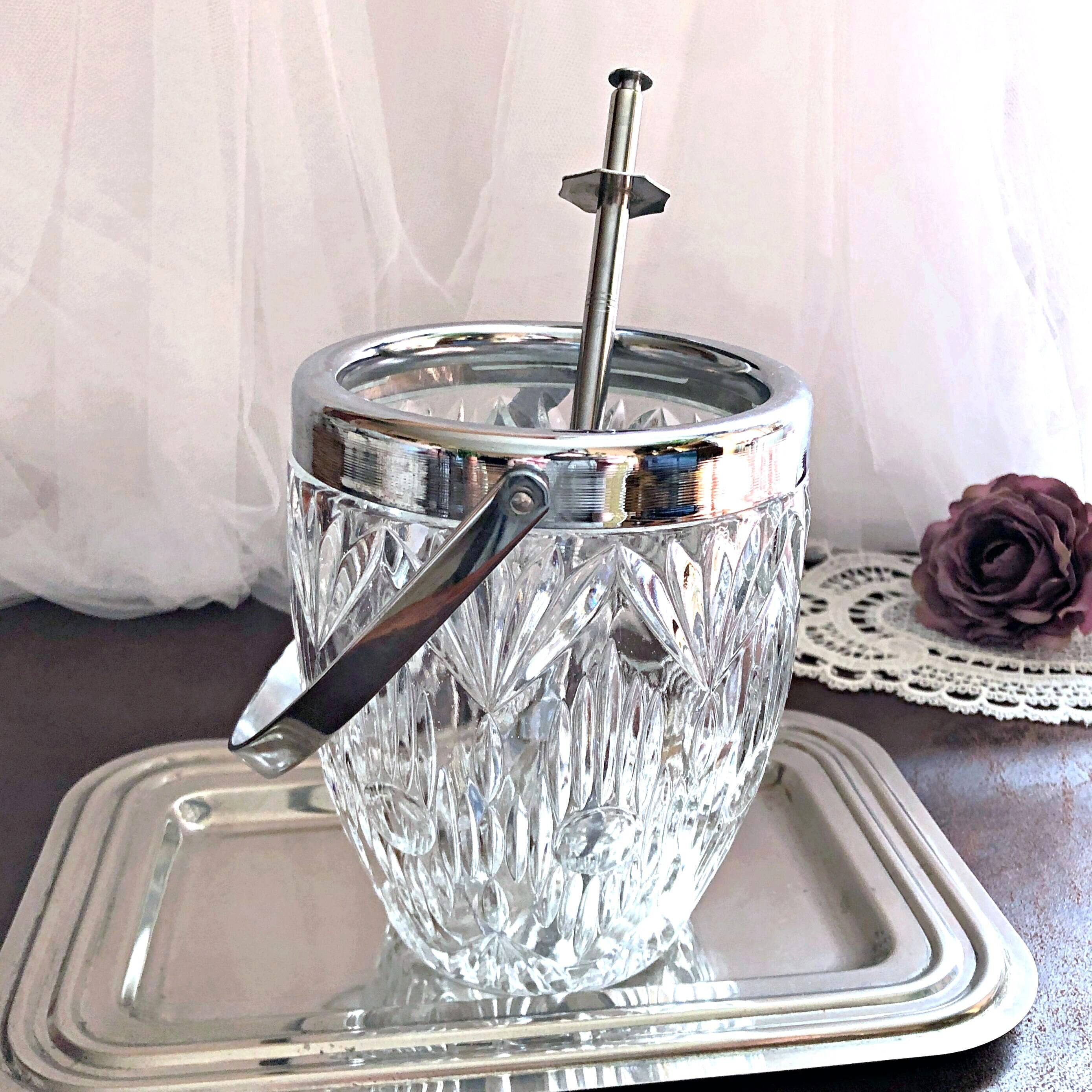 Seau à glace verre cristallin texturé avec pince à glaçons