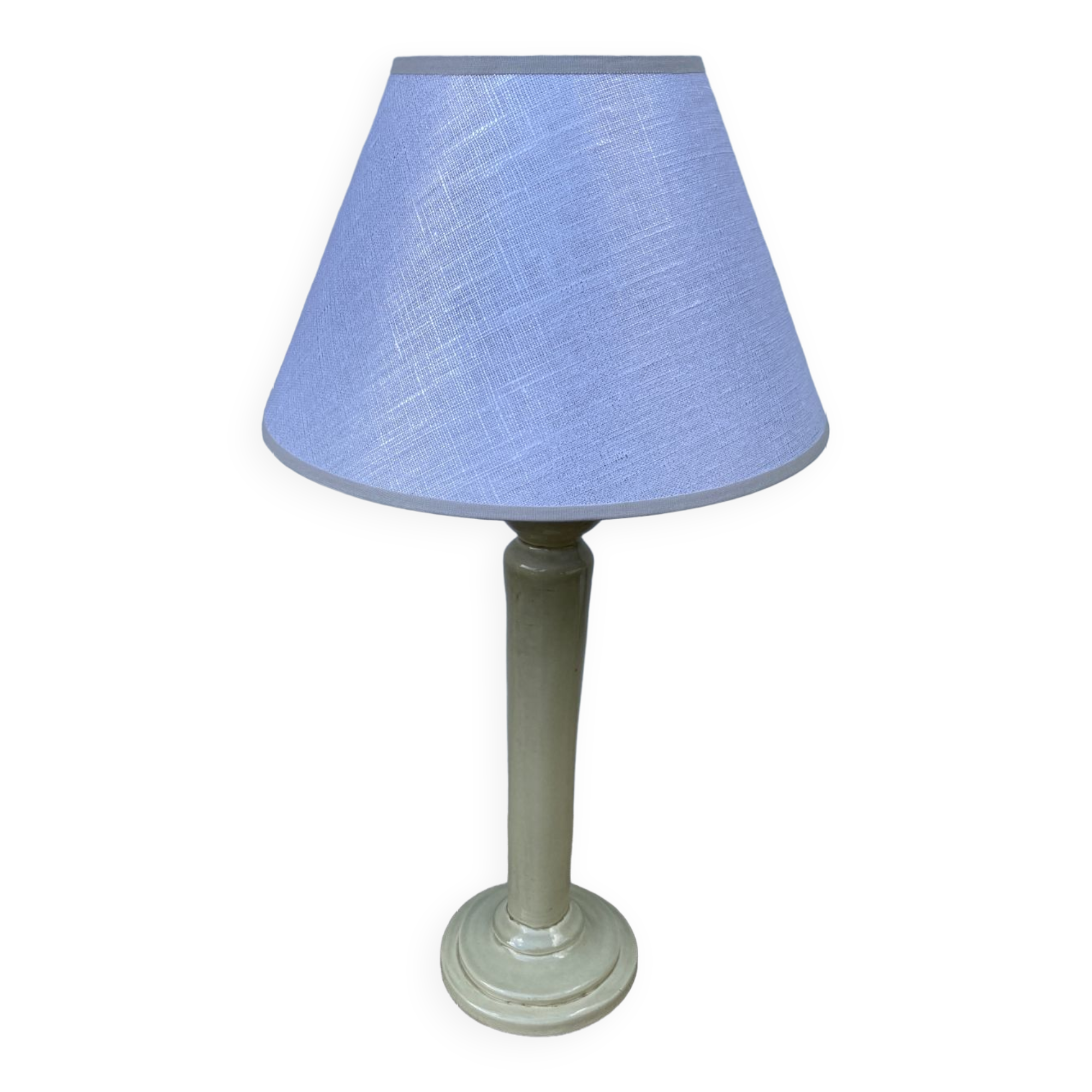 Beige ceramic lamp and iridescent white lampshade