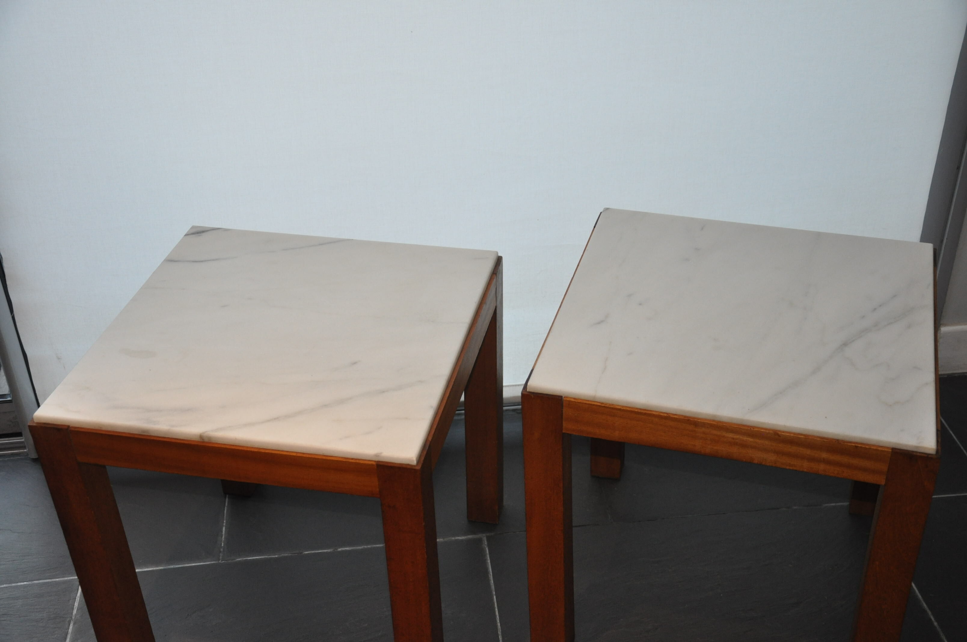 Pair of wooden and marble side tables