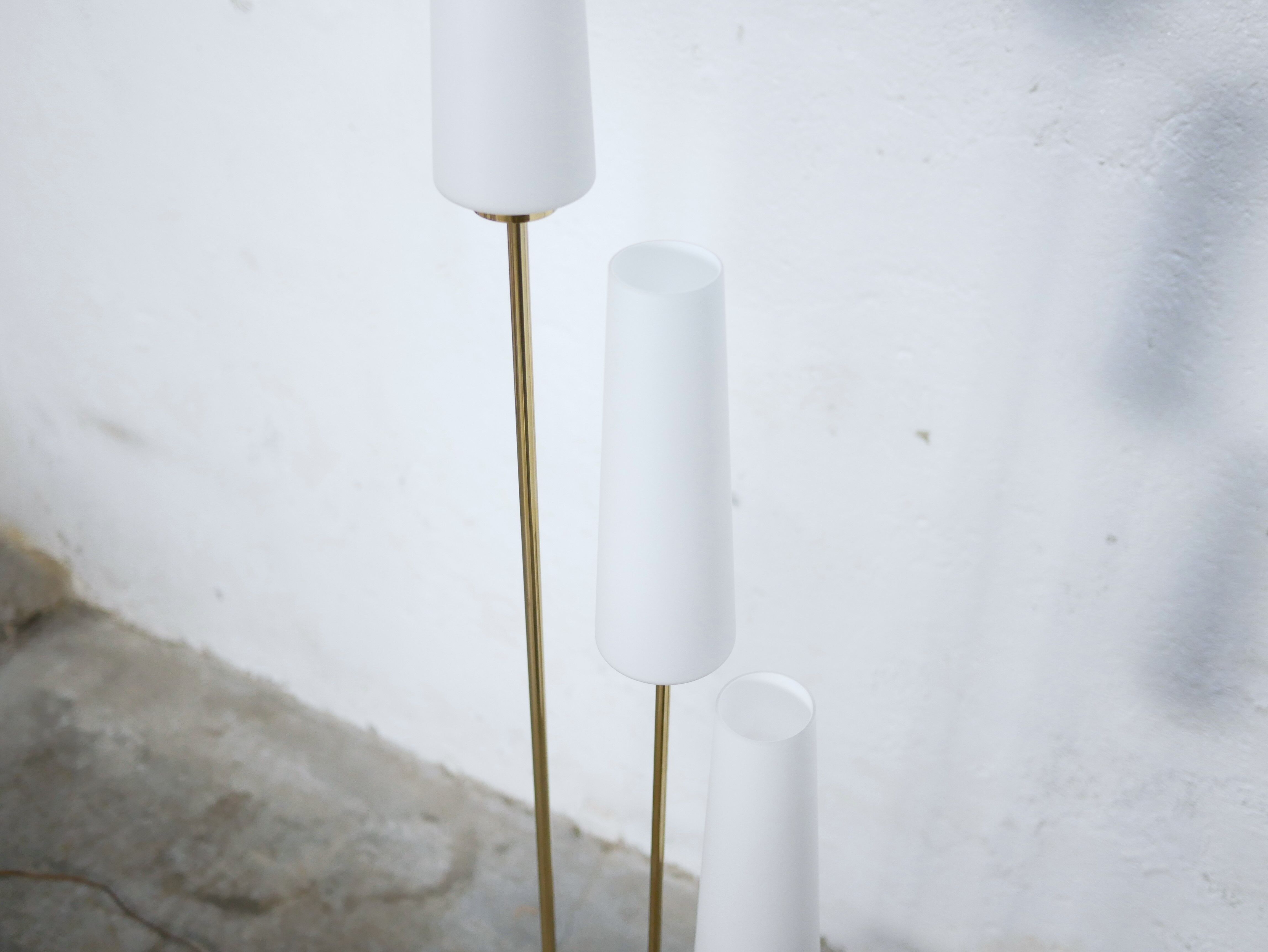 Vintage floor lamp in black metal, brass and opaline
