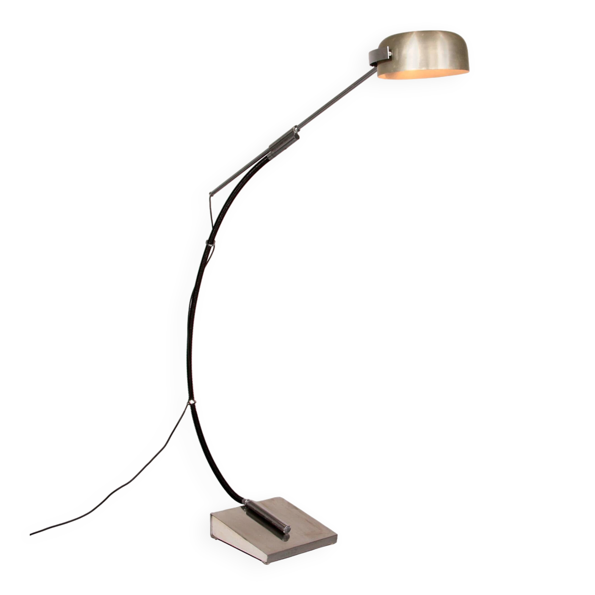 Iconic 1970s chrome arc floor lamp with adjustable swing arm, 1970 Italy