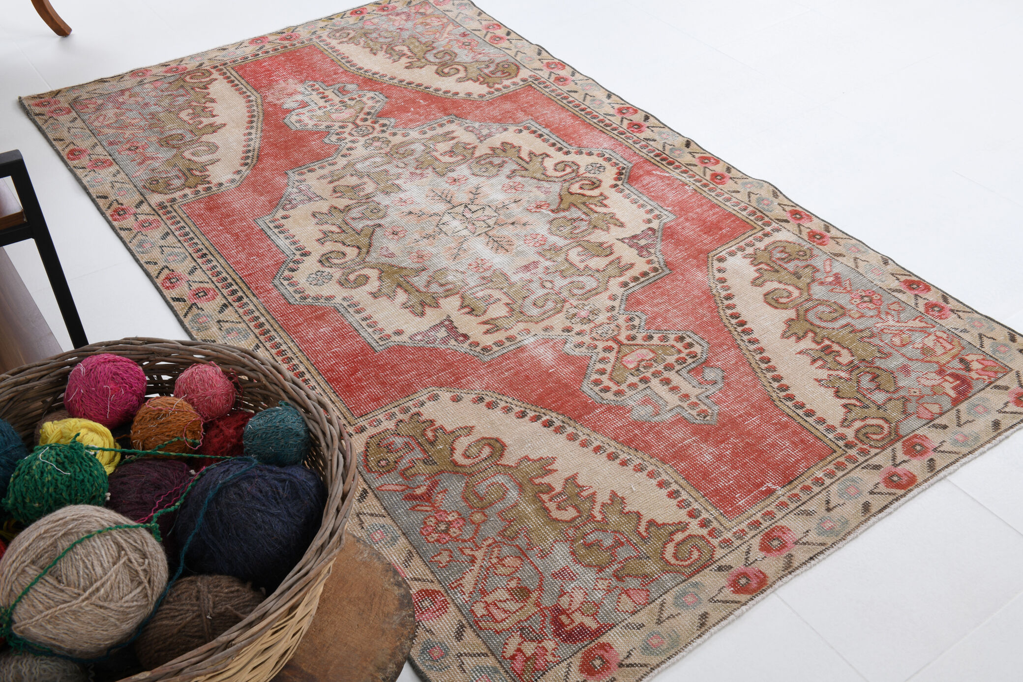 4x7 Red and Beige Turkish Vintage Rug