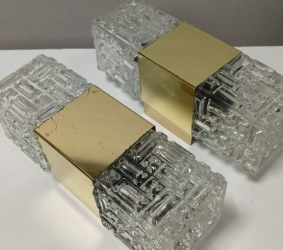 Pair of Maison Sciolari glass and brass wall lights, Italy 1970