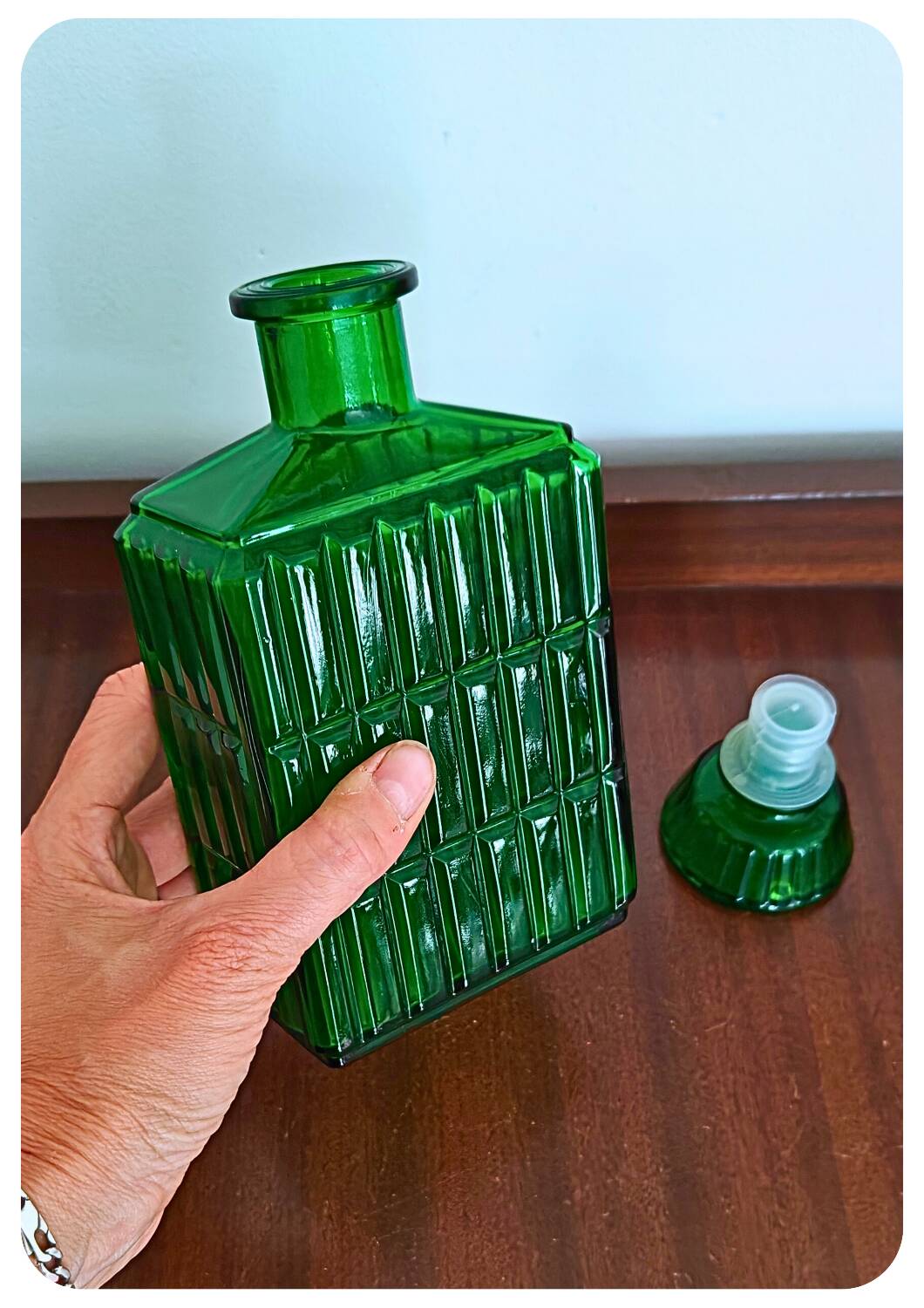 Midcentury Italian Green Glass Caraf/Bottle with Stopper, 1960s.