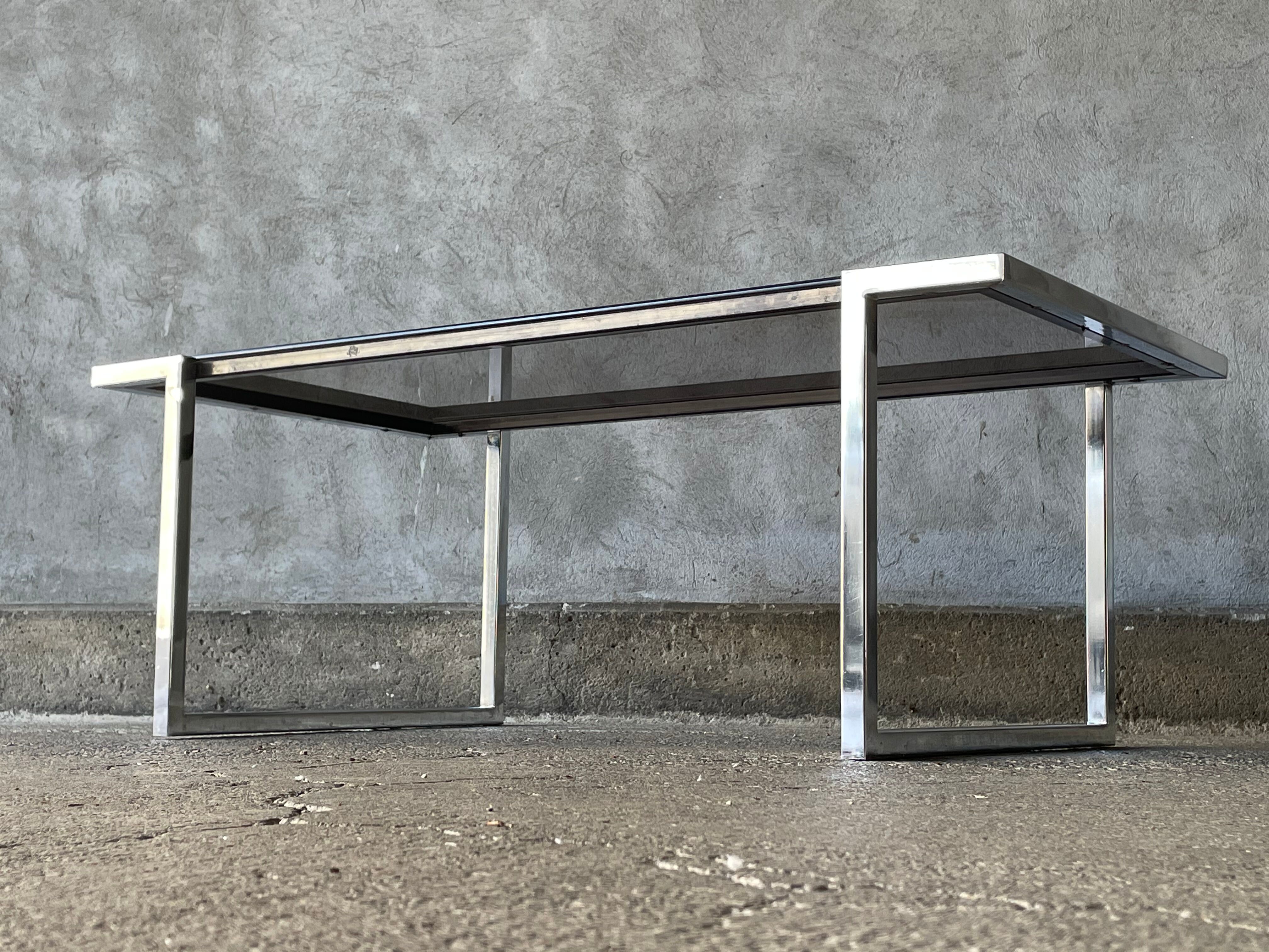 Coffee table in chromed metal and smoked glass, 1970s