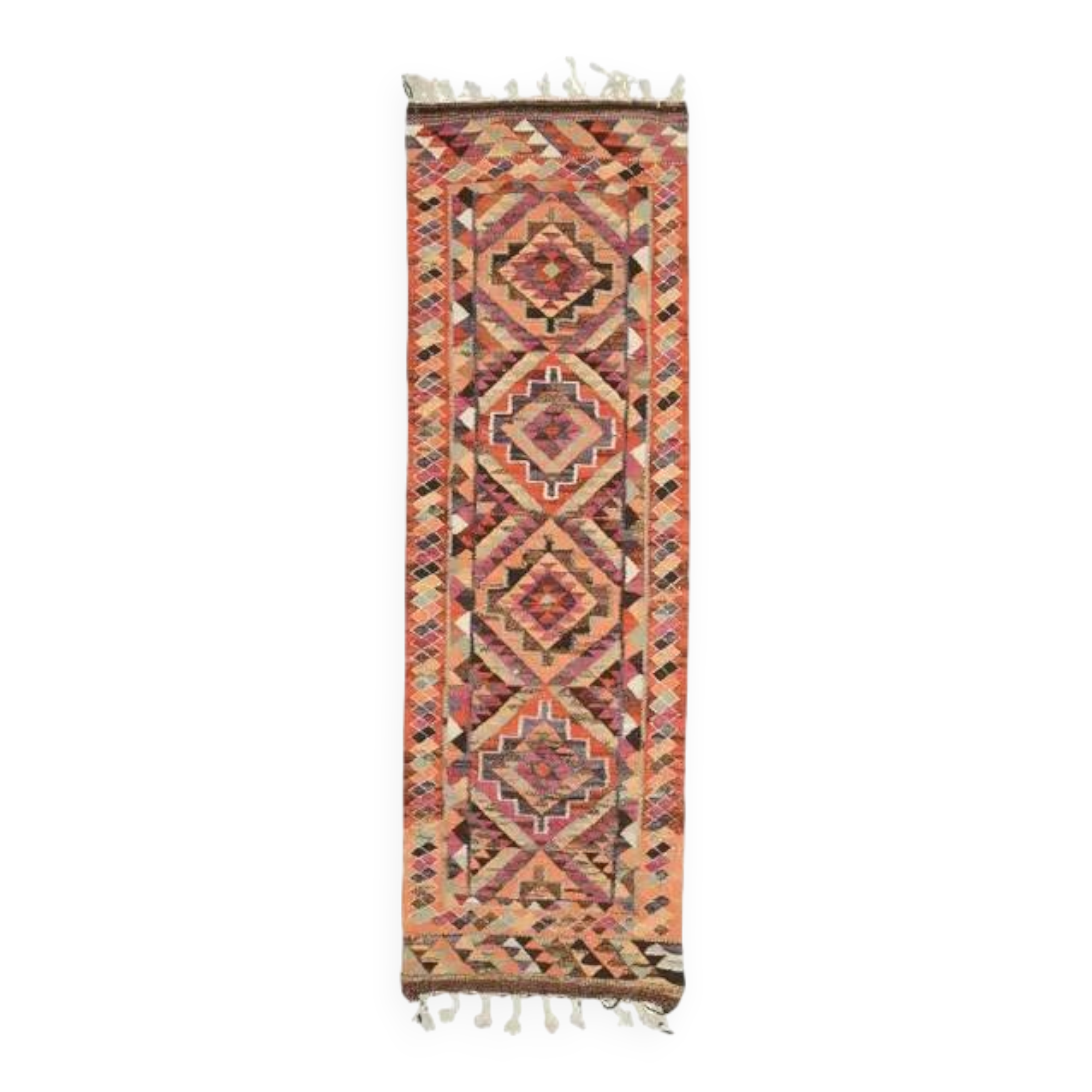 1970s Vintage Turkish Hand-Knotted Wool Cotton Orange Runner Rug 100x322