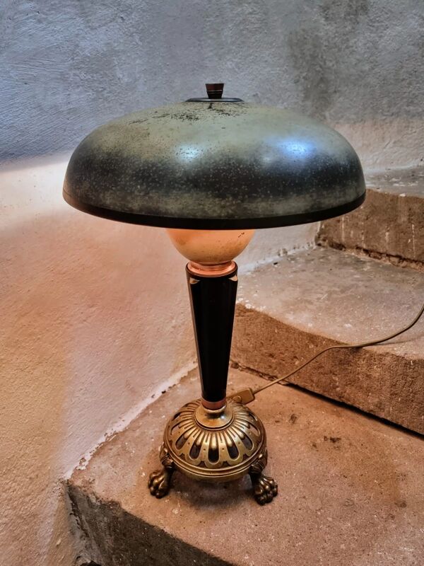 Lampe de table art déco vintage – cuivre, laiton et bakélite – abat-jour champignon – années 1920