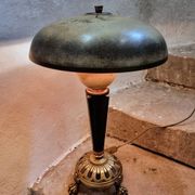 Lampe de table art déco vintage – cuivre, laiton et bakélite – abat-jour champignon – années 1920