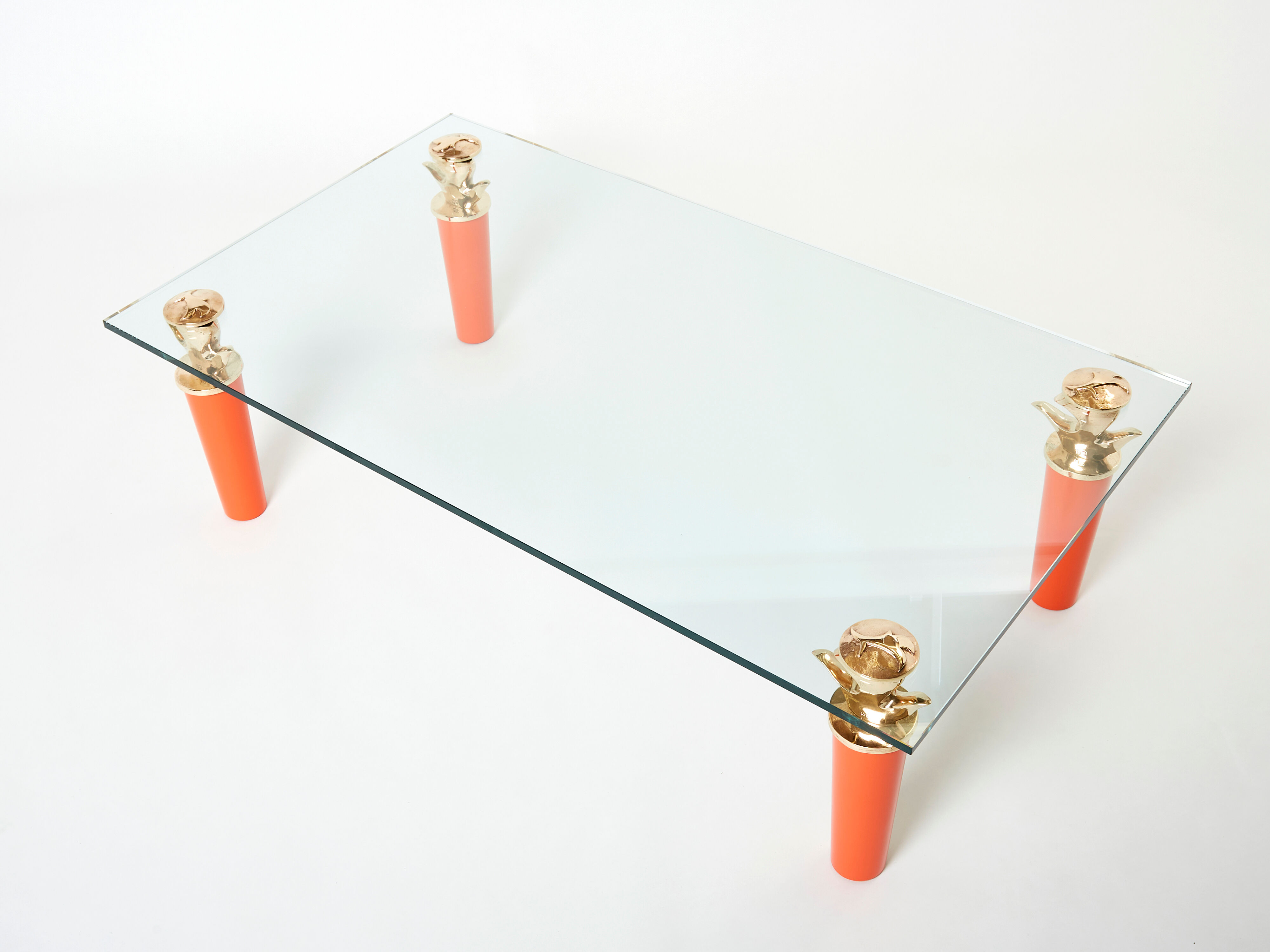 Rare coffee table lacquer orange bronze glass signed Garouste & Bonetti 1995