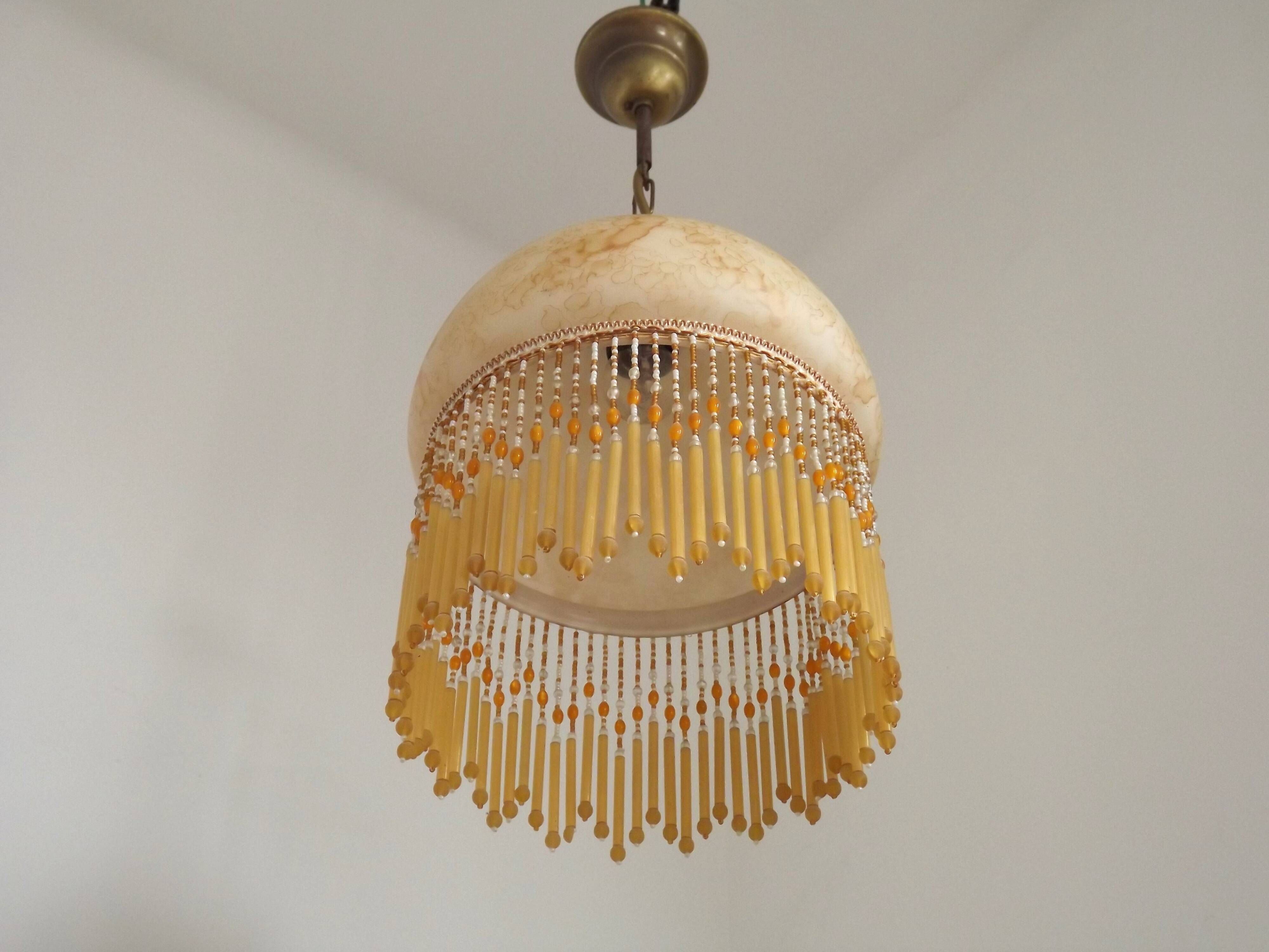 Mid Century Amber Mottled Glass Ceiling Light with Beaded Glass Fringe