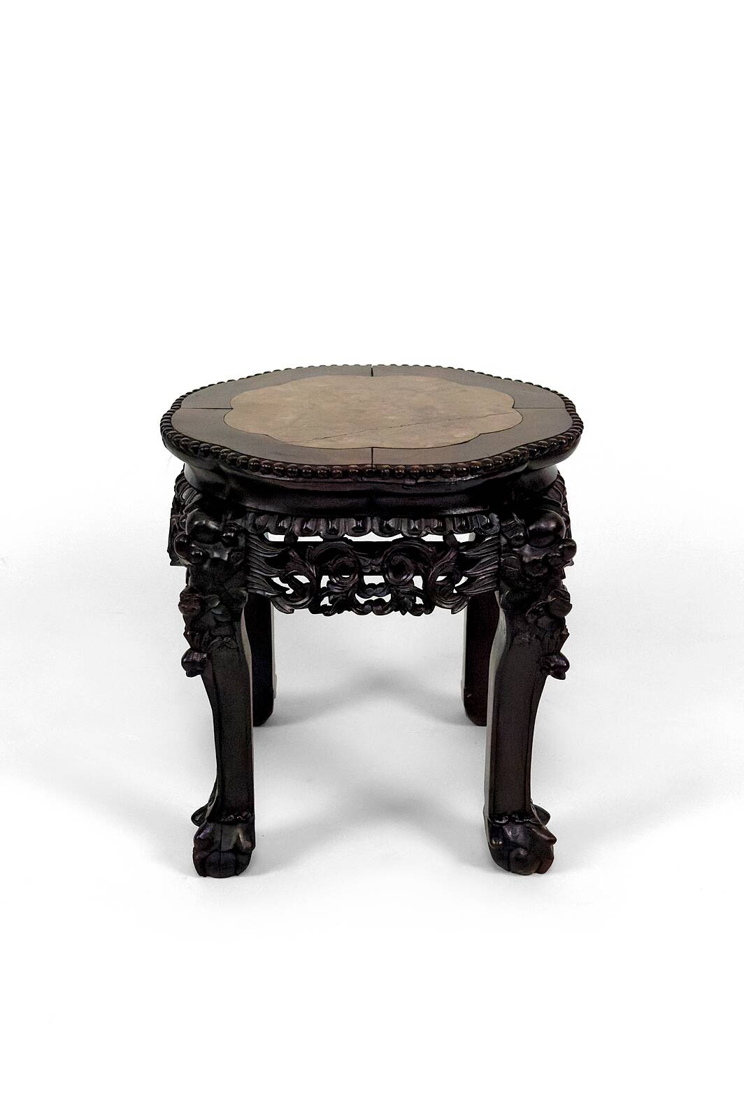 Asian wooden stand carved with Demons, marble top, Indochina, circa 1880
