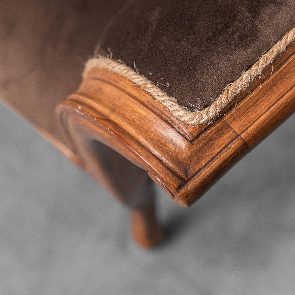 Vintage bench in brown velvet and carved wood, 1950s modernism
