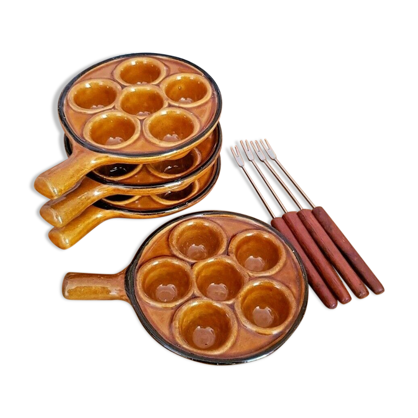 Set Of 4 Vintage French Escargot Snail Cook Pots 6 Snail Wells With Forks 3488
