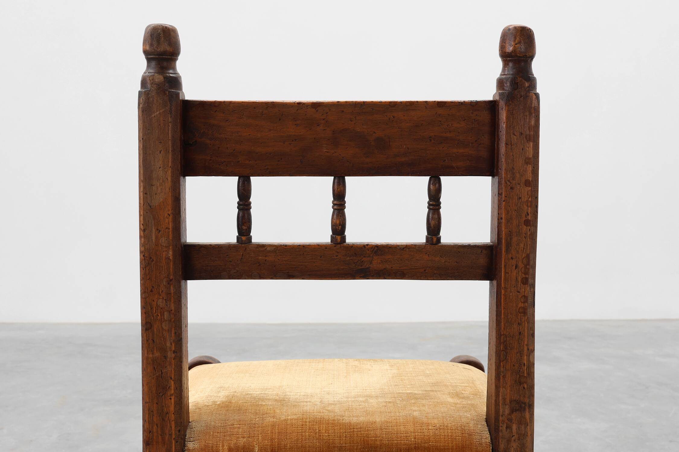 19th Century Spanish Hand-Carved oak Side Chair with Velour Seat