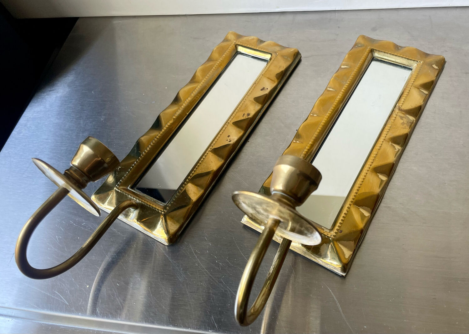Pair of art deco vintage brass wall candle holders sconces