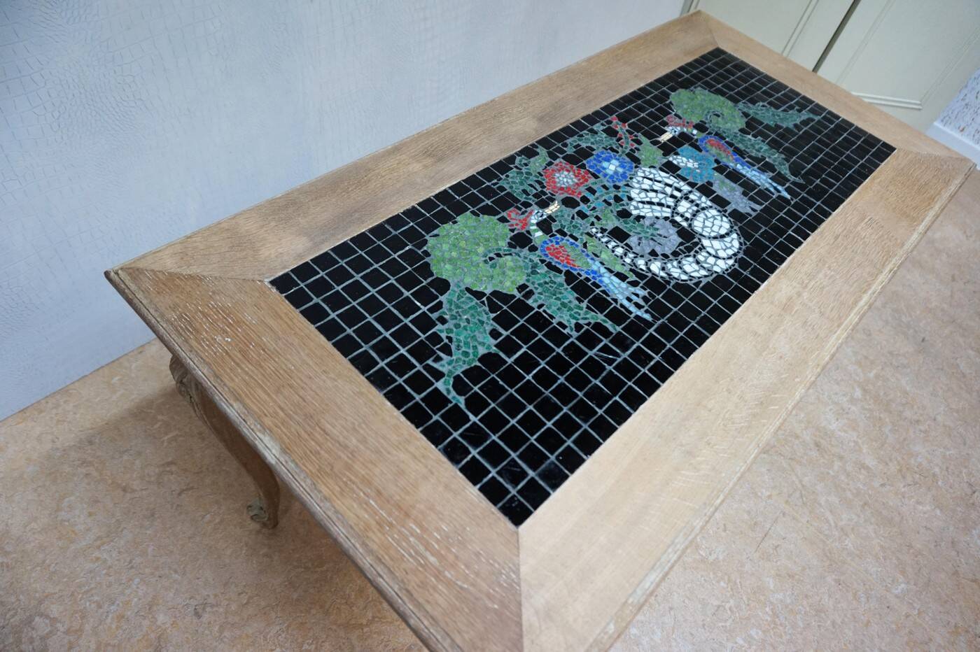 Vintage Oak &  Mosaic Coffee Table with Brids, Louis XV style 1970s