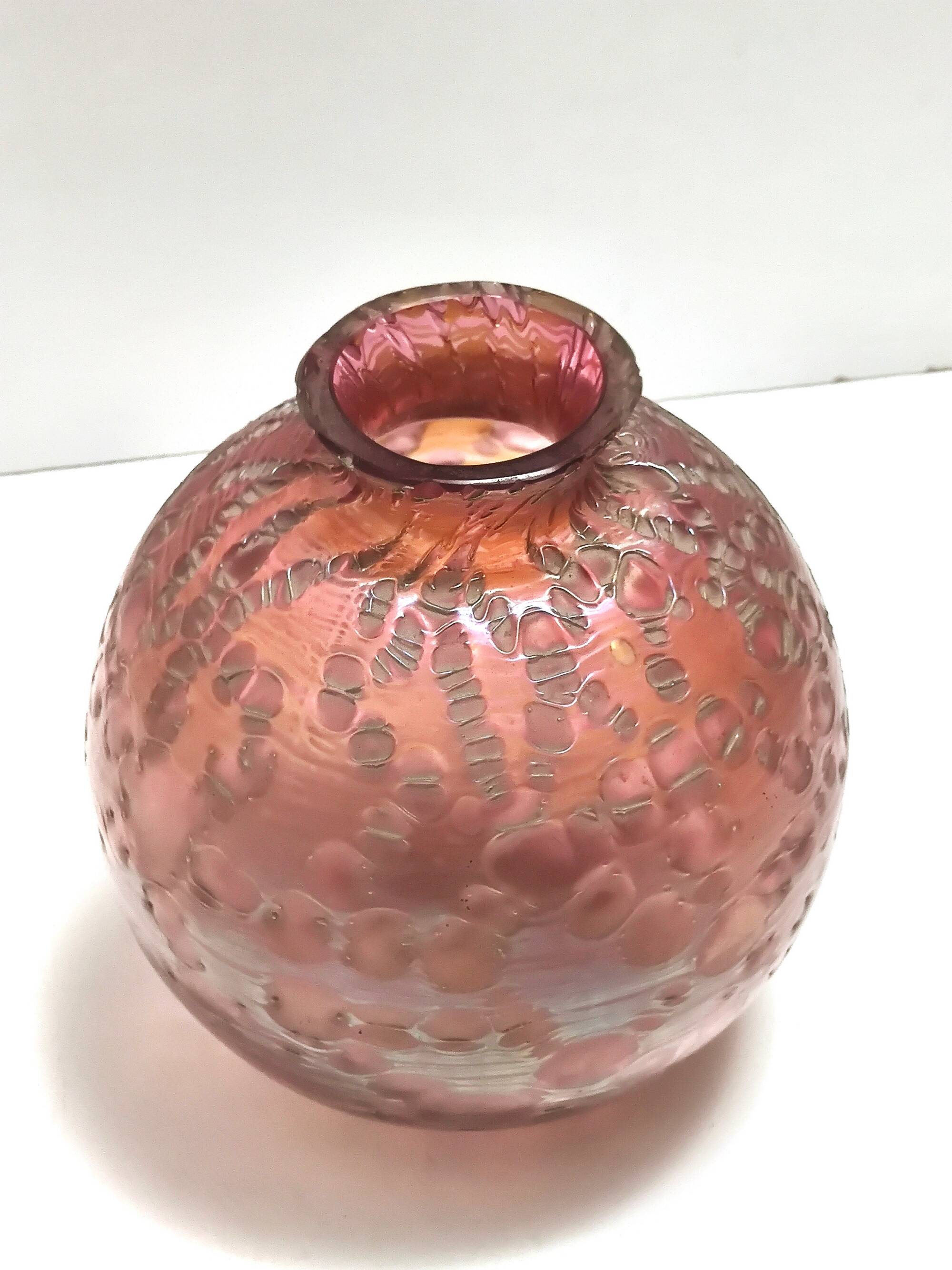 Pink Iridescent Etched Blown Glass Vase "Diaspora" by Loetz