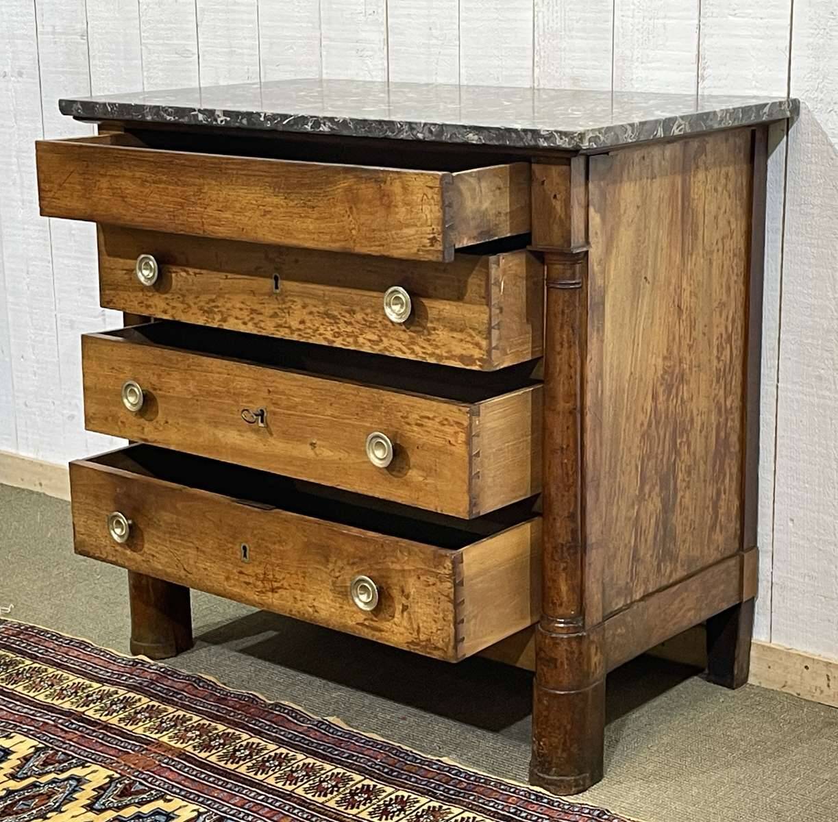 19th-century Empire commode in walnut with a grey St Anne marble top.