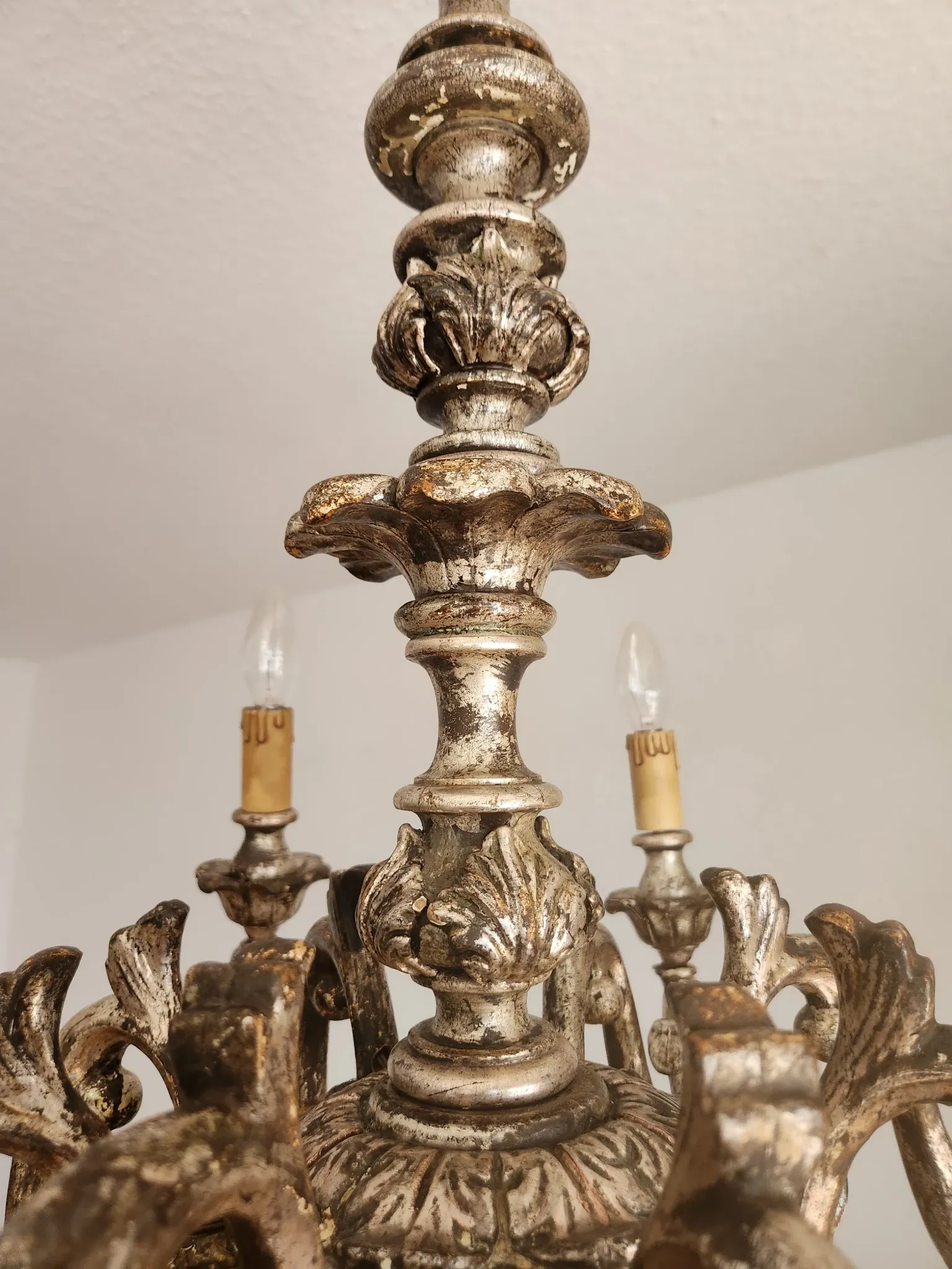 Xl Large Vintage Regency Mid Century Louis XV Baroque Rococo Hand Painted Carved Wood 8 Light Chandelier Floral, Italy, Florence 1920 1950