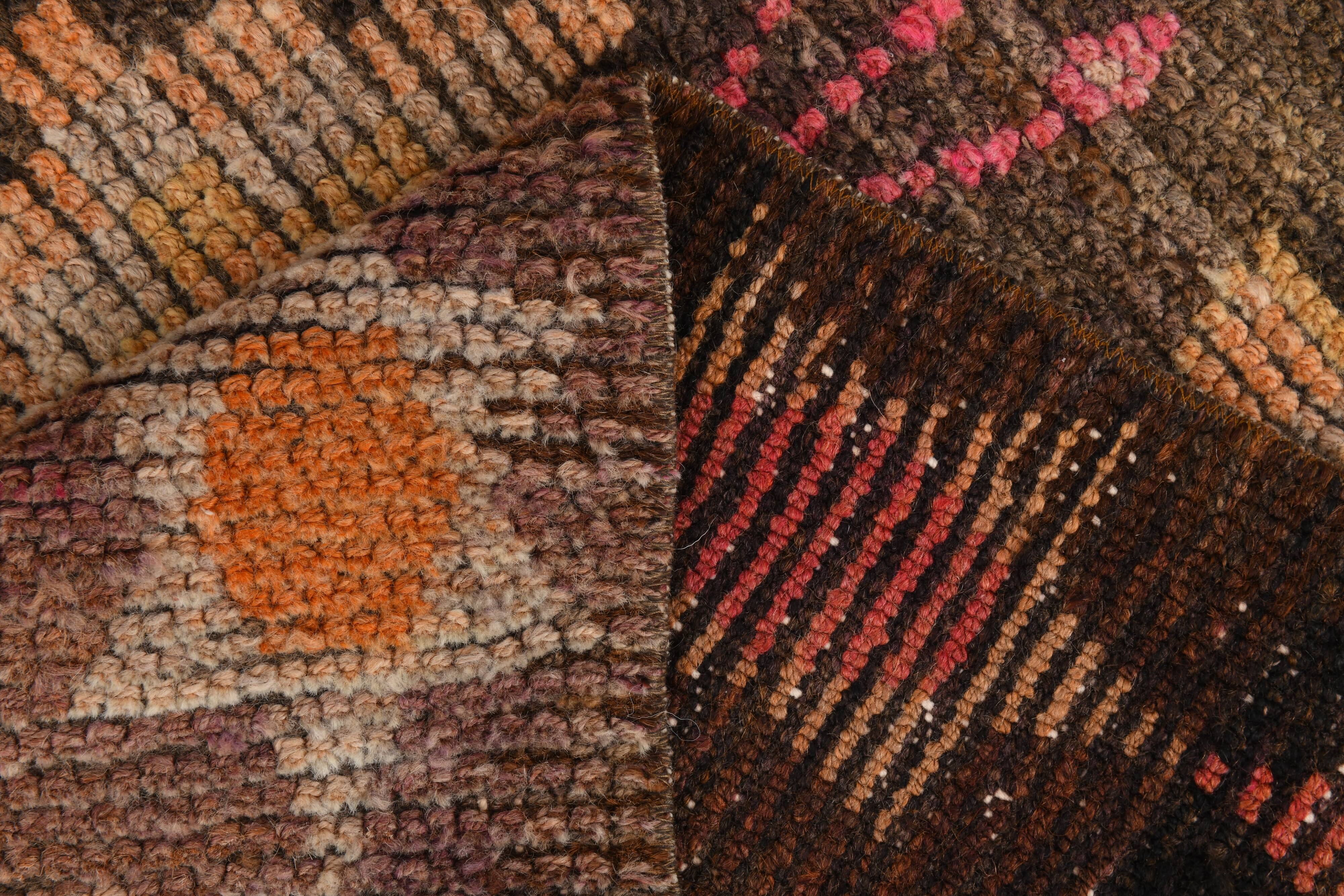 3x7 Brown Hot Pink Turkish Vintage Runner Rug, 92x227Cm