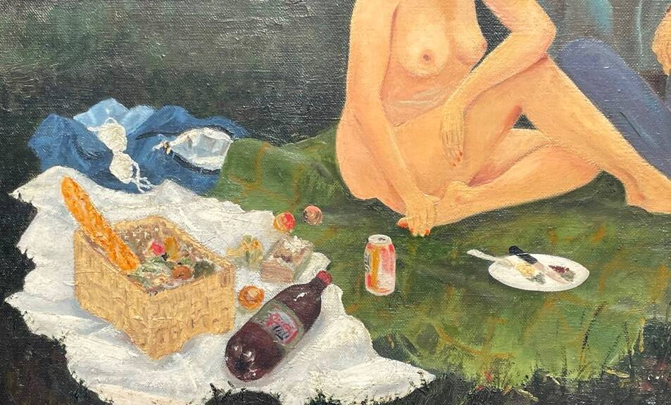 Painting by Camille Delahaut, "The Picnic". Vintage