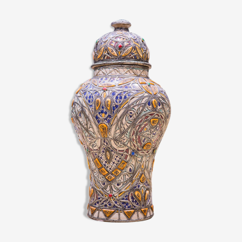 moroccan vintage pottery vase,hand  pained ceramic with metal and bone