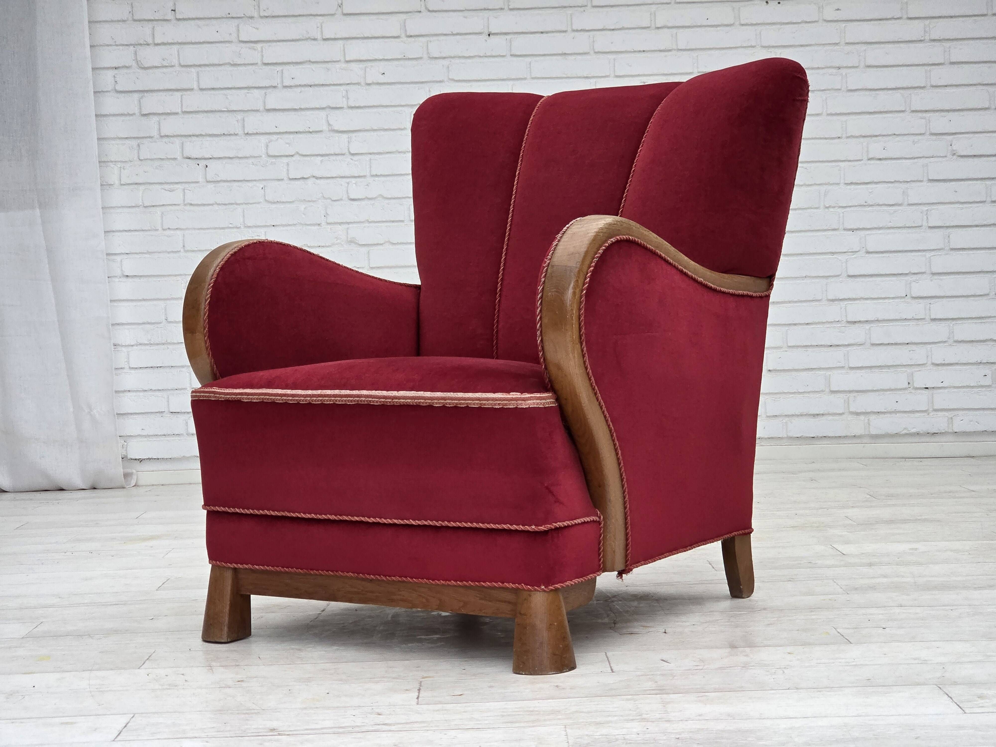 1960s, Danish armchair, red furniture velour, oak wood.
