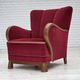 1960s, Danish armchair, red furniture velour, oak wood.