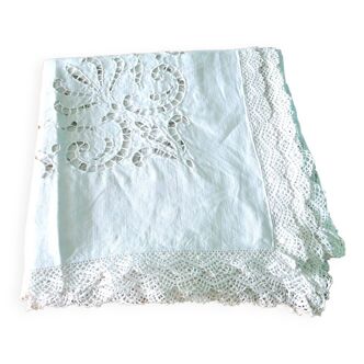 Vintage square tablecloth in openwork embroidered cotton volutes 140x140 *F3*