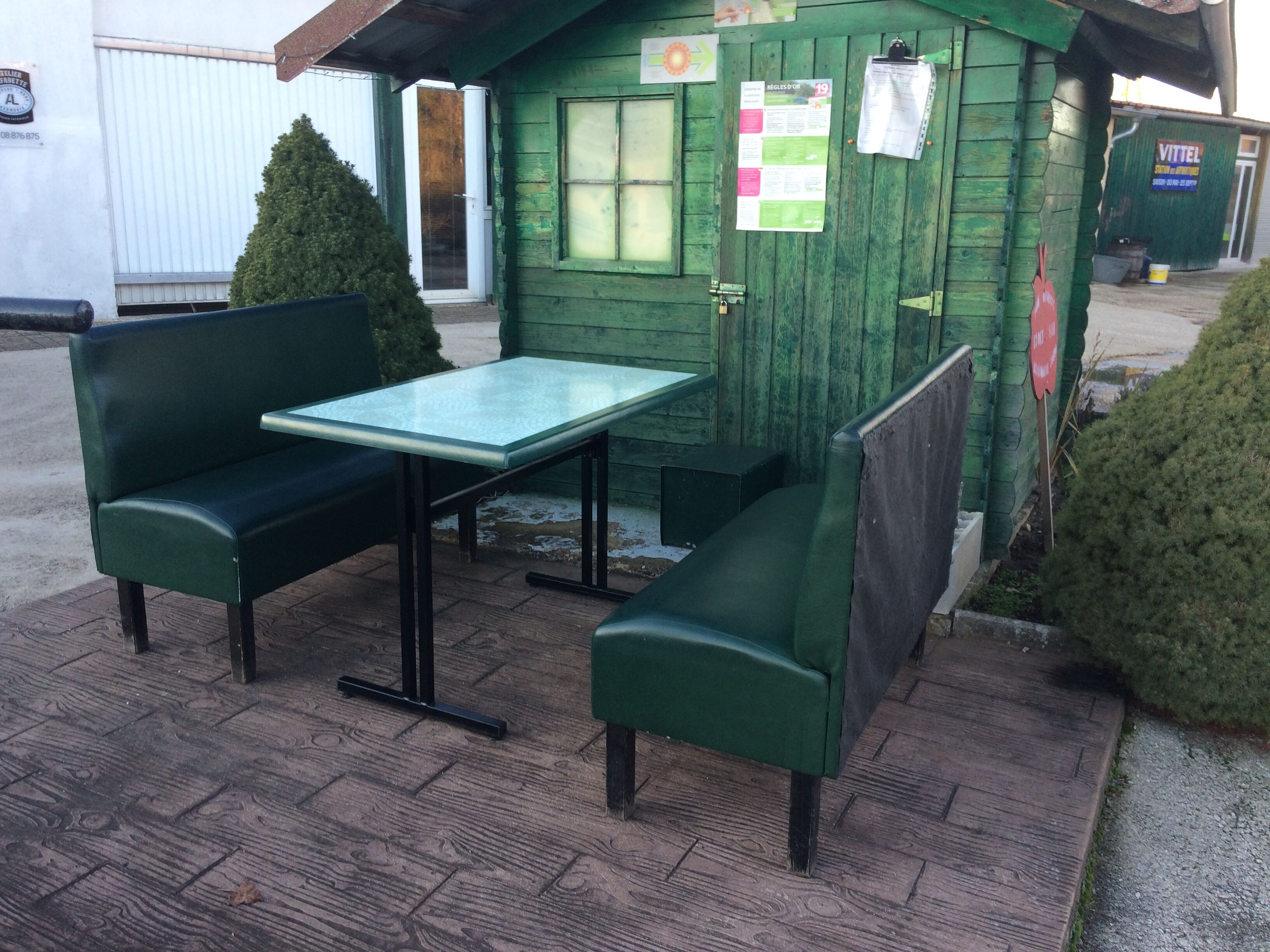 Set of two bistro banquettes plus table